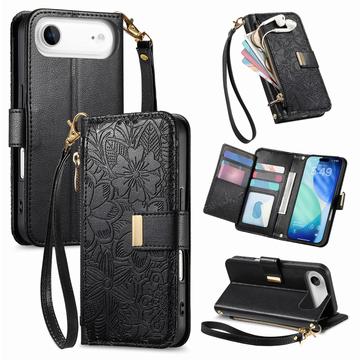 iPhone Air Floral & Leaf Pattern Wallet Case with Zipper Pocket & Wrist Strap