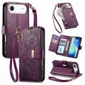 iPhone Air Floral & Leaf Pattern Wallet Case with Zipper Pocket & Wrist Strap - Purple