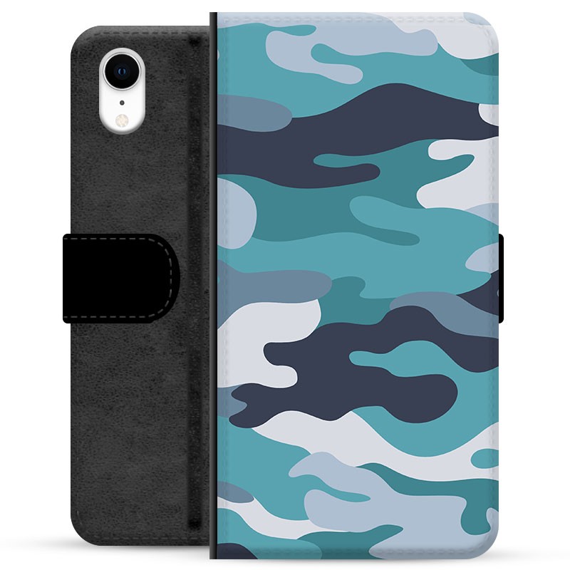 iPhone XR Premium Wallet Case Blue Camouflage