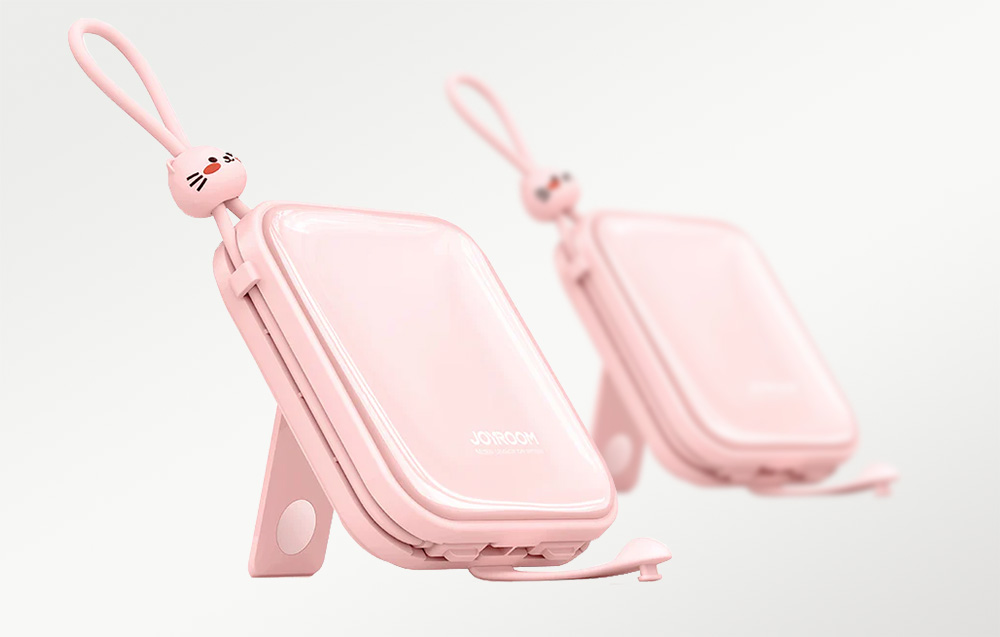 Joyroom JR-L009 Cutie Power Bank 10000mAh w. USB-C & Lightning Cables - 12W - Pink