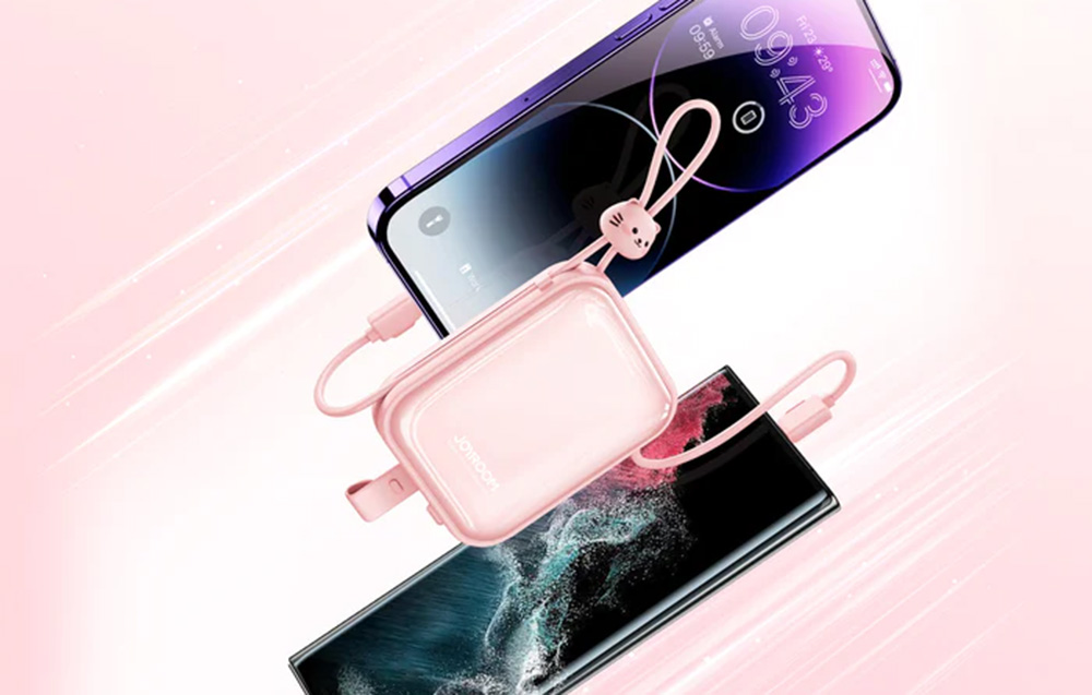 Joyroom JR-L009 Cutie Power Bank 10000mAh w. USB-C & Lightning Cables - 12W - Pink