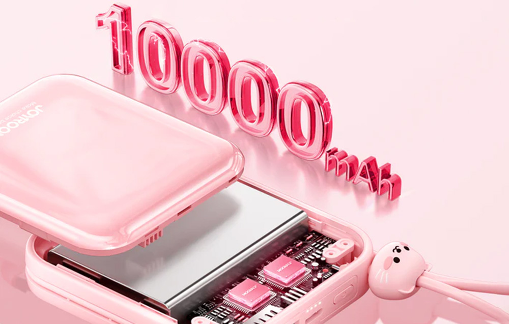 Joyroom JR-L009 Cutie Power Bank 10000mAh w. USB-C & Lightning Cables - 12W - Pink