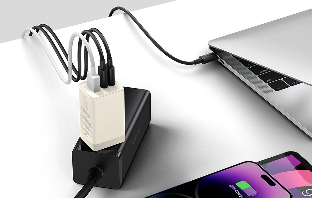Baseus GaN5 Ultra 65W Wall Charger - USB-C Cable, 2x USB-C, USB-A - White