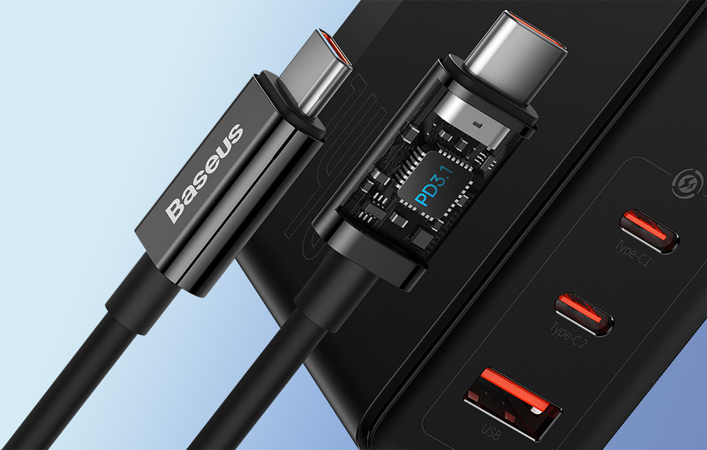Baseus GaN5 Pro 140W Wall Charger w. USB-C Charging Cable - 2xUSB-C, USB-A - Black
